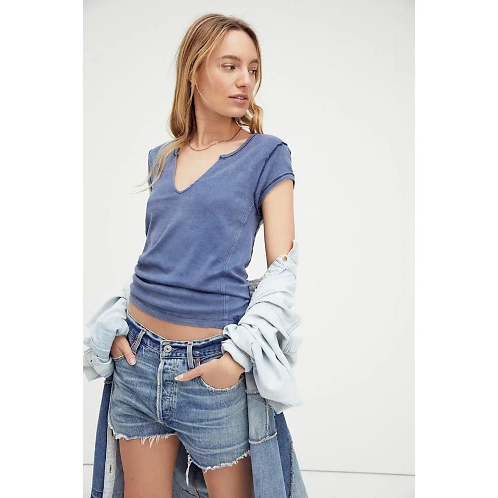 16.08 M Free People NWT Always Yours Tee Short Sleeve V Neck Evening Shaded Lake
